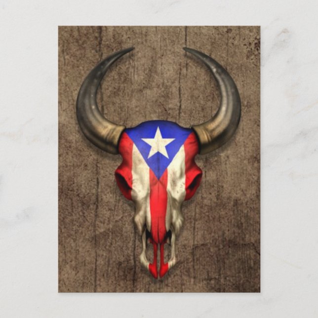 Cartão Postal Porto Rico Flag Bull Skull on Wood Effect (Frente)