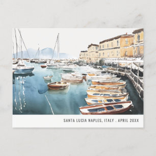 Cartão Postal Porto Santa Lucia Nápoles Itália Aquarela Viagem