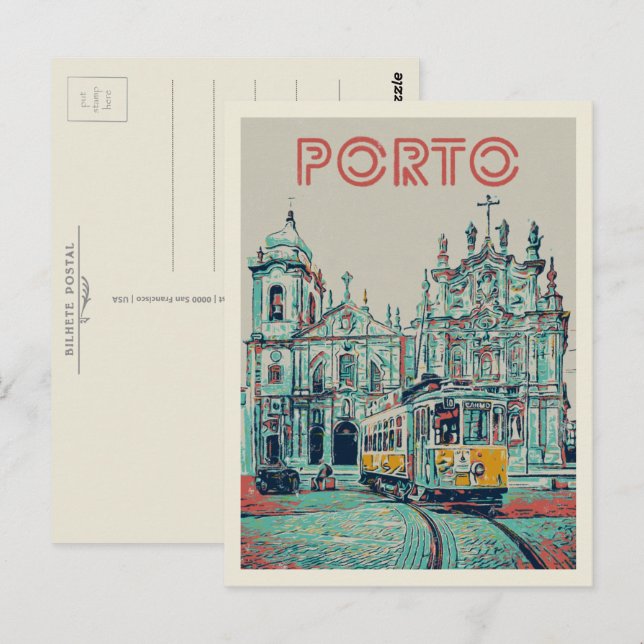 Cartão Postal Porto tramway e ilustração da igreja Portugal (Frente/Verso)