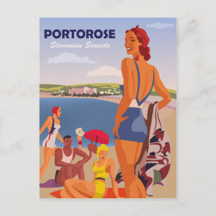 Cartão Postal Portorose, meninas na praia, viagens vintage