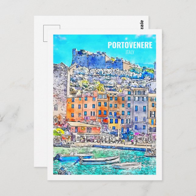 Cartão Postal Portovenere Itália Famoso Viagem Watercolor Sketch (Frente/Verso)