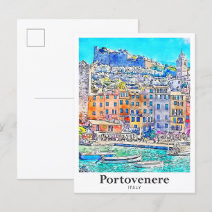 Cartão Postal Portovenere Itália Viagem Watercolor Drawn