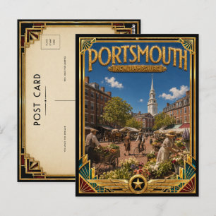 Cartão Postal Portsmouth New Hampshire Arte Deco Vintage Dourado