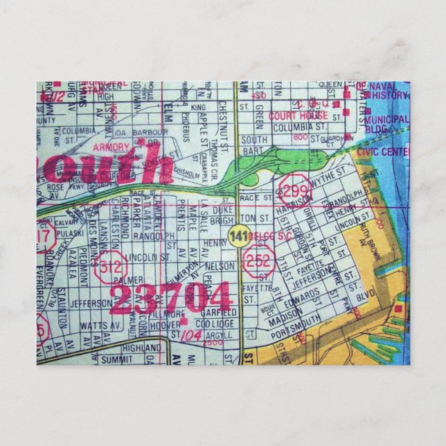 Cartão Postal Portsmouth, VA Vintage Map (Frente)