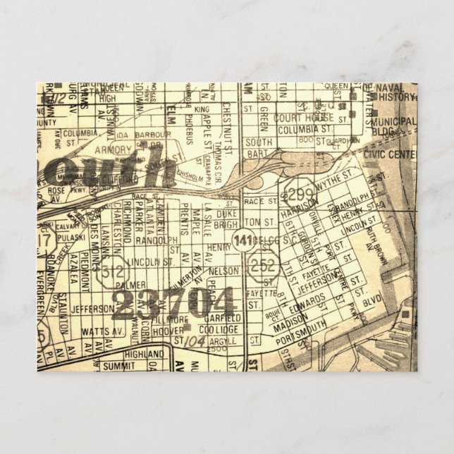 Cartão Postal Portsmouth, VA Vintage Map (Frente)