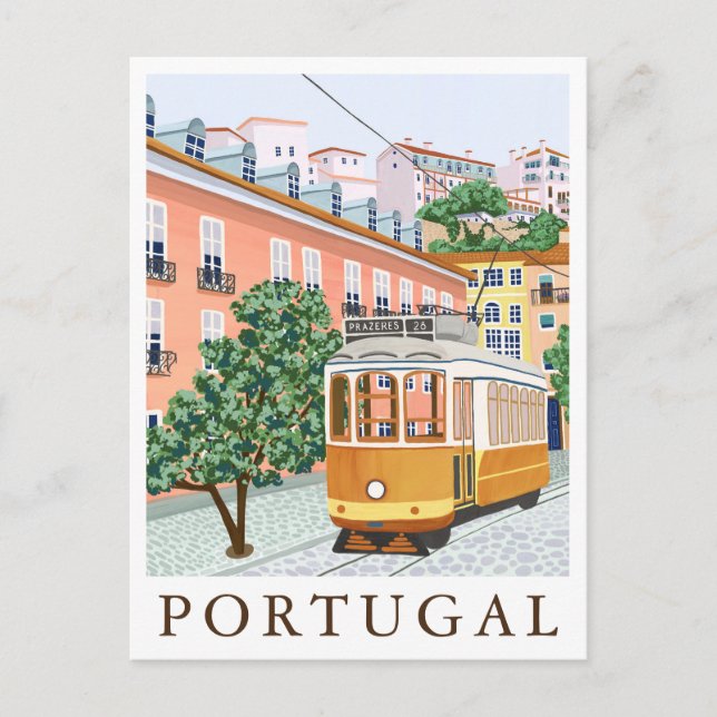 Cartão Postal Portugal Lisbon Tram Europe Travel Illustration (Frente)