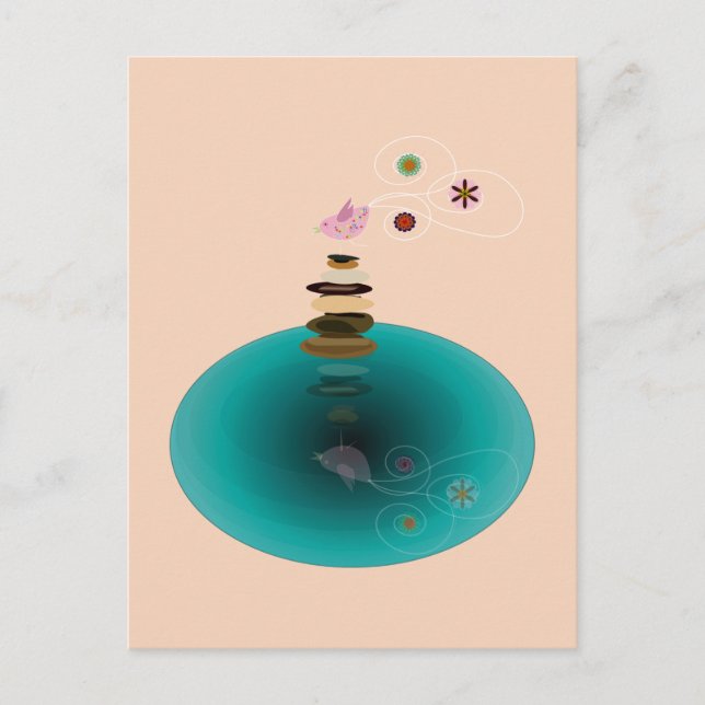 Cartão Postal pose de ioga, pássaro nas rochas (Frente)