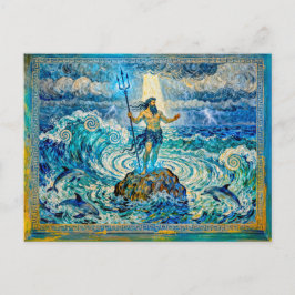 Cartão Postal Poseidon em Rochas do Mar com Tridente e Golfinhos