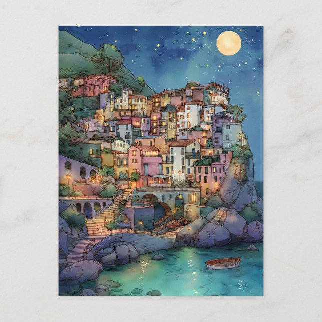 Cartão Postal Positano, Itália - Vila Costeira e Céu Estrelado (Frente)