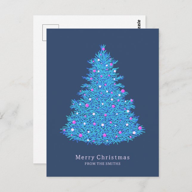 Cartão Postal Postal con ilustración de árbol de Navidad azul (Frente/Verso)