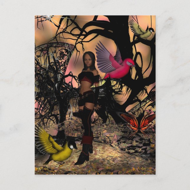 Cartão Postal Postcard Elf Girl Birds (Frente)