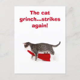 Cartão Postal Postcard Humor Katze schleppt Weihnachtsmütze weg