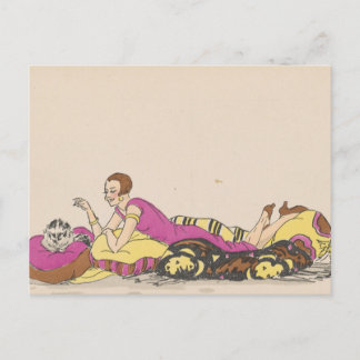 Cartão Postal Postcard - woman and cat - French artist vintage