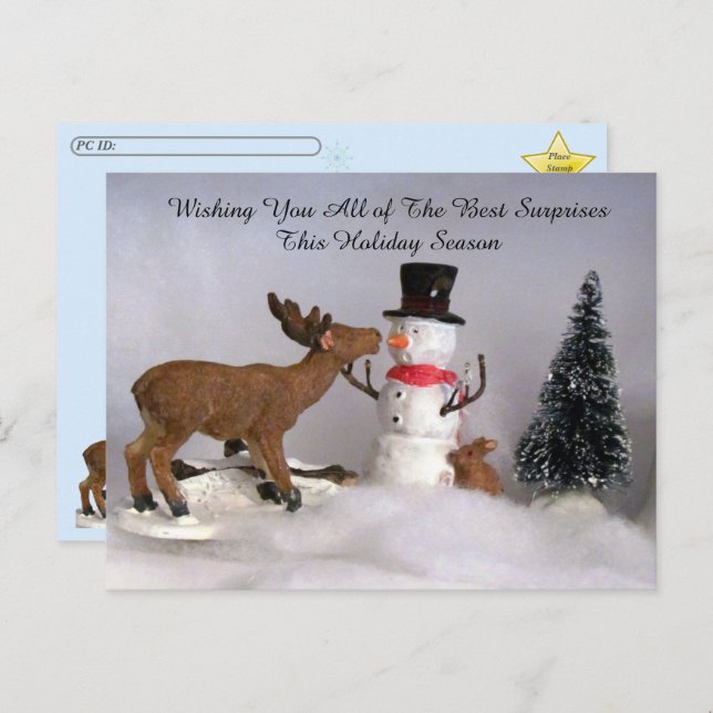 Cartão Postal Postcross - Snowman e Reindeer Divertidos no inver (Frente/Verso)