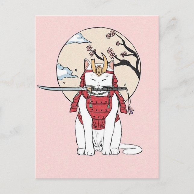 Cartão Postal Poster de Gato Sakura Samurai Japonês (Frente)