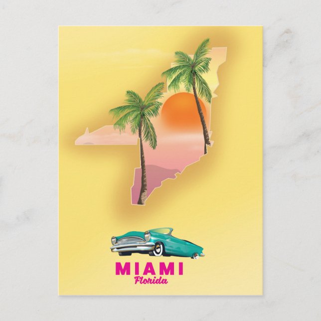 Cartão Postal Poster de mapa ilustrado de Miami Flórida (Frente)