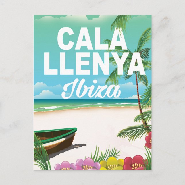 Cartão Postal poster de viagens de praia cala llenya ibiza (Frente)