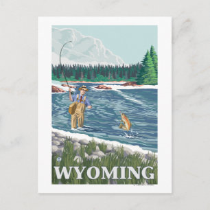 Cartão Postal Poster de viagens Fly FishWyomingVintage