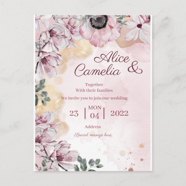 Cartão Postal poster elegante flores rosa com ouro (Frente)