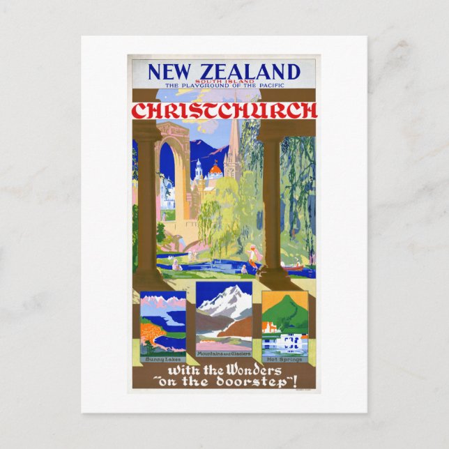 Cartão Postal Poster vintage ChristChurch Nova Zelândia Restaura (Frente)