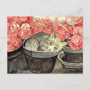 Cartão Postal Postkarte Aquarell "Kätzchen im Blumentopf"