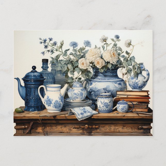 Cartão Postal Pote De Café Branco Azul Creamer Vidro De Açúcar (Frente)