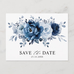 Cartão Postal Poupar a data de casamento Floral Navy Slate Azul 