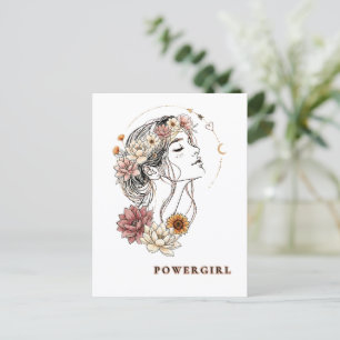 Cartão Postal Powergirl – Mulher Floral, Força & Autoamor