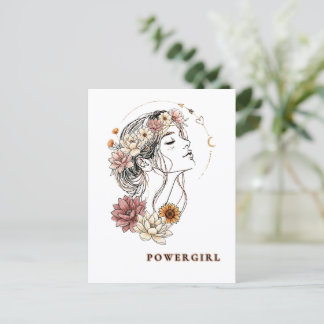 Cartão Postal Powergirl – Mulher Floral, Força & Autoamor