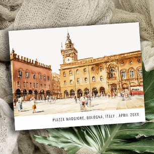 Cartão Postal Praça Bolonha Itália Aquarela Viagem Italiano
