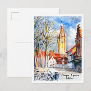 Cartão Postal Praça de Bruges Bélgica Lápis de Cor