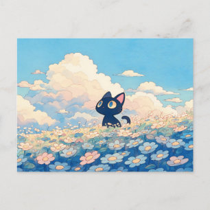 Cartão Postal Prado Azul Margarida Kawaii Gato Preto