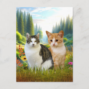 Cartão Postal Prado de Flores Silvestres com Gatos