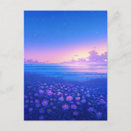 Cartão Postal Prado de Flores Silvestres Roxas e Mar Estrelado