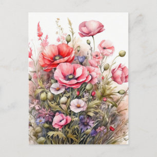 Cartão Postal Prado de Verão de Flores Silvestres em Aquarela