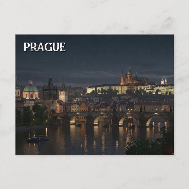 Cartão Postal Praga Castle e charles Bridge Night Viagem (Frente)