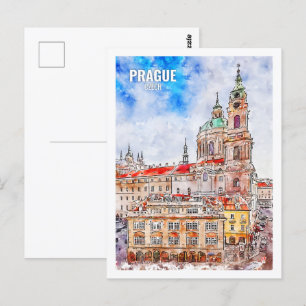 Cartão Postal Praga Tcheca Famosa Viagem Aquarela