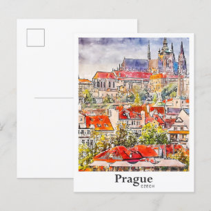 Cartão Postal Praga Viagem Watercolor Mão Desenhada