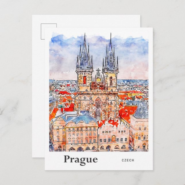 Cartão Postal Praga Viagem Watercolor Mão Desenhada (Frente/Verso)