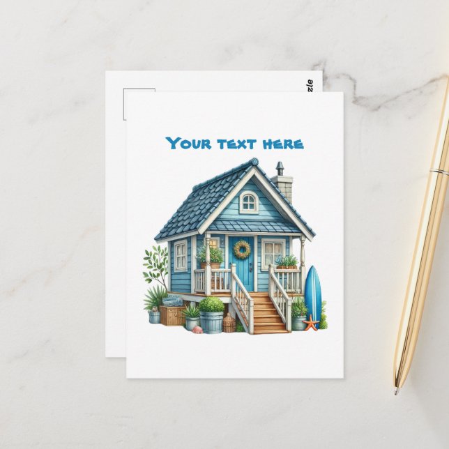 Cartão Postal Praia bonita adicionar texto casa de praia (Frente/Verso In Situ)