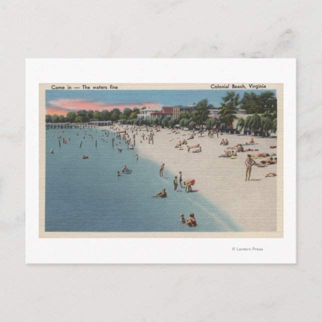 Cartão Postal Praia Colonial, VA - Cena de Nadação e Banho do So (Frente)