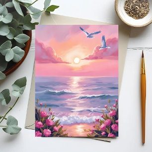 Cartão Postal Praia Corada Oceano Rosa Pôr do Sol Costeiro Aqu