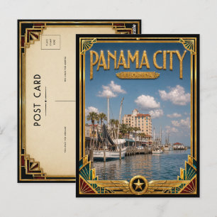 Cartão Postal Praia da Cidade do Panamá Flórida Arte Deco Dourad