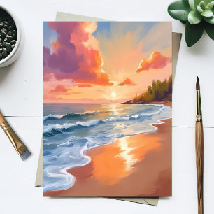 Cartão Postal Praia da Hora Dourada Pôr do Sol Pintura em Aquare