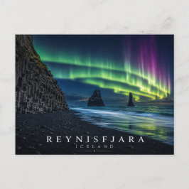 Cartão Postal Praia de Areia Preta Reynisfjara Islândia Aurora