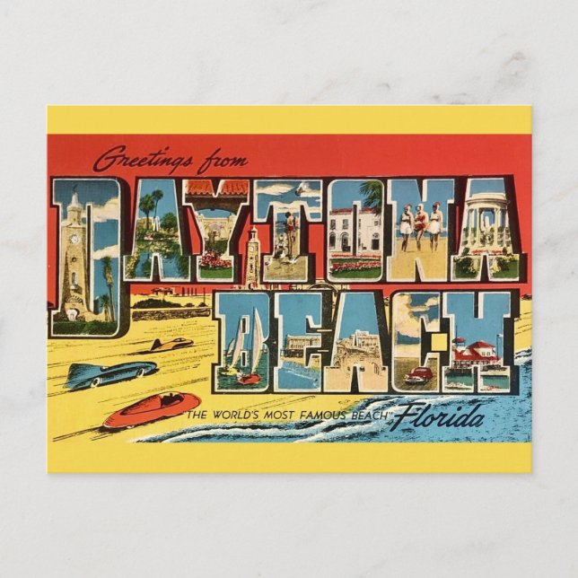 Cartão Postal Praia de Daytona Beach Flórida Saudação Antiga (Frente)