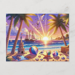 Cartão Postal Praia de Pôr do Sol Tropical com Navio à Vela