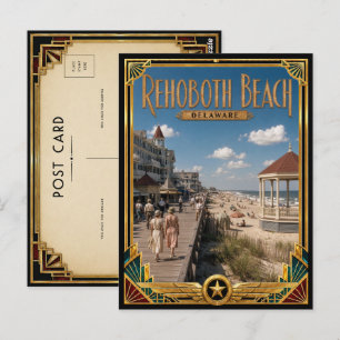 Cartão Postal Praia de Rehoboth Delaware Arte Deco Vintage Doura
