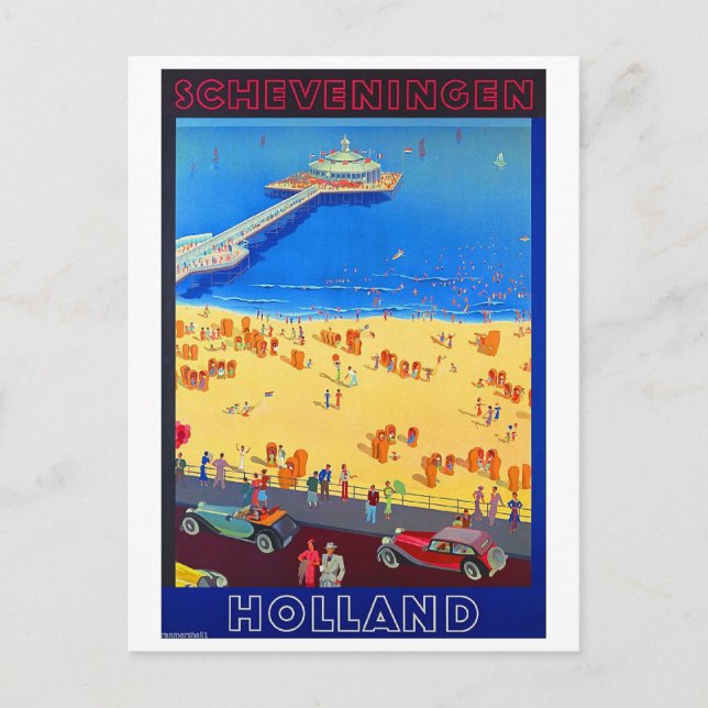 Cartão Postal praia de Scheveningen, Holanda, viagens vintage (Frente)