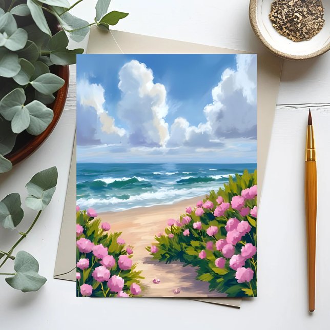Cartão Postal Praia em Flor | Hortênsia Rosa Costa Oceânica Cost (Criador carregado)
